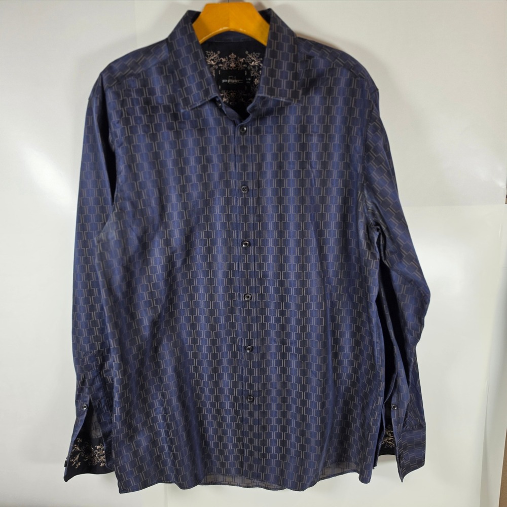 Parc 81 Mens Blue Geometric Long Sleeve Button Down Shirt Size L 16.5 Embroidery